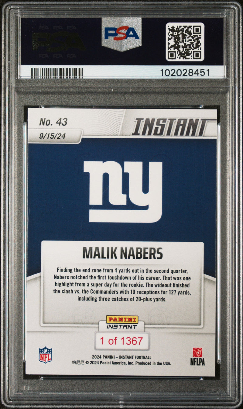 Graded 2024 Panini Instant NFL Malik Nabers #43 Rookie RC Football Card PSA 8 Near Mint