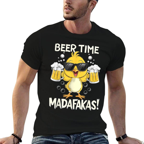 Beer Time Madafakas Funny Duck  Ribbed Collar T-Shirt