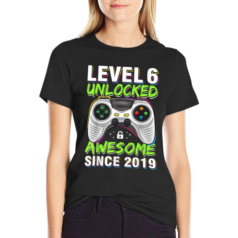 Level 6 Unlocked Awesome Since 2019 6th Birthday Gaming Boys  Trendy Pattern T-Shirt