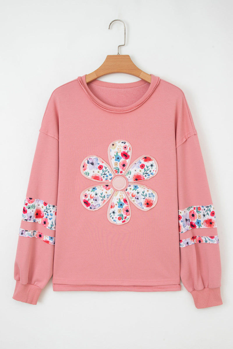 Peach Blossom Flower Applique Patchwork Drop Sleeve Pullover Sweatshirt