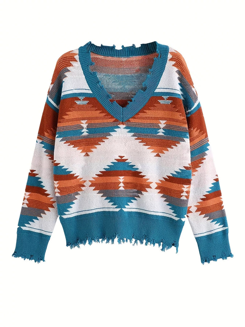 Heidi Frayed Hem V-Neck Long Sleeve Sweater