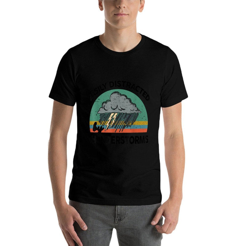 Storm Chaser Love Saying Funny Easily Distracted By Thunderstorms Meteorologist Lover Unisex-Adults Grey Modern Letter Print T B  Ribbed Collar T-Shirt