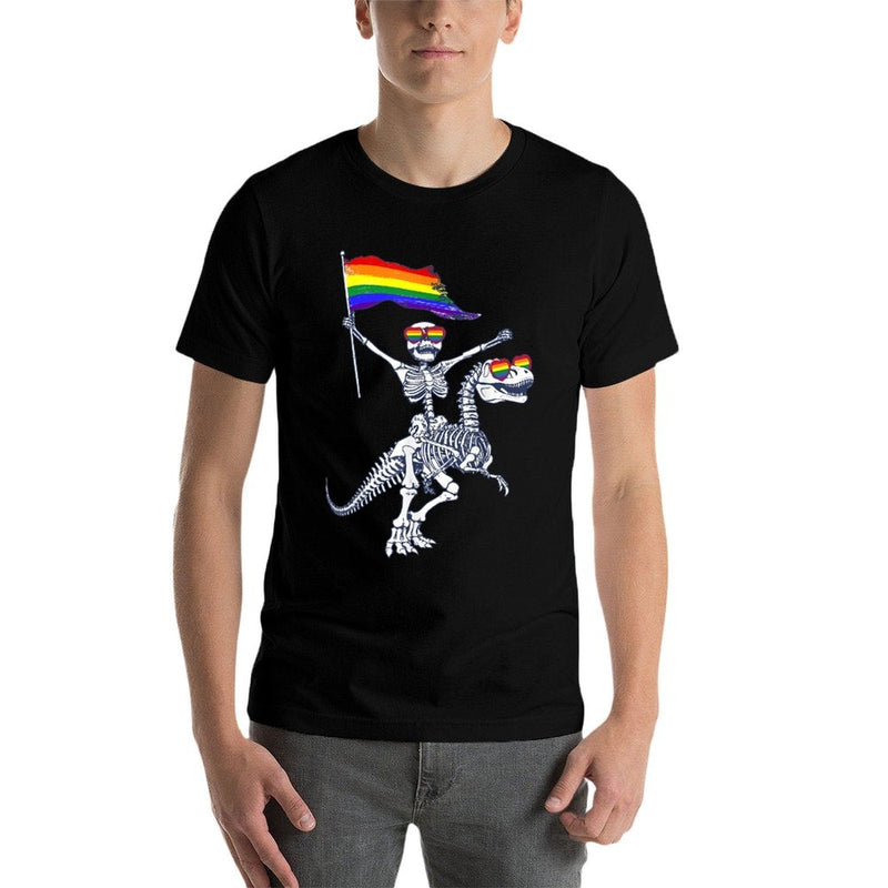 LGBT Skeleton Riding T-Rex Dinosaur Gay Pride Month  Oversized Silhouette T-Shirt