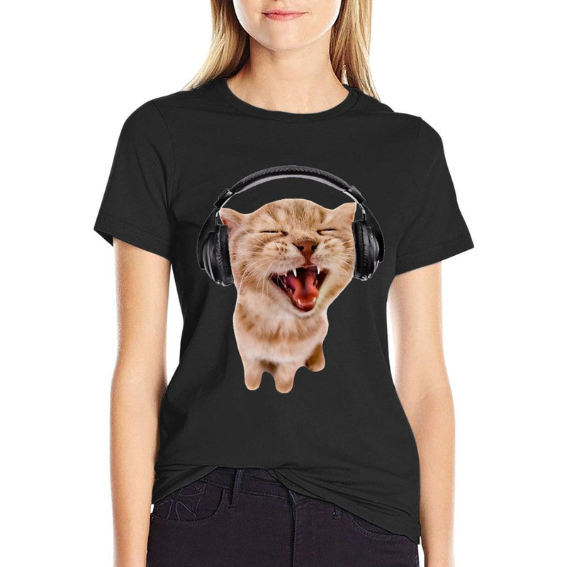 Silly Cat With Headphones  High-quality Stitching T-Shirt