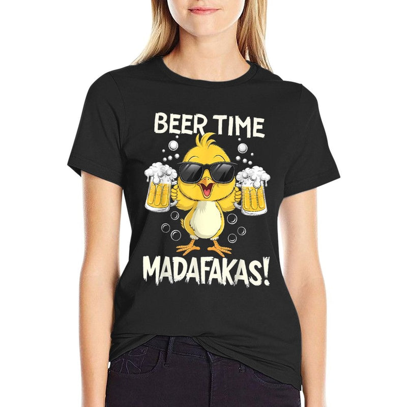 Beer Time Madafakas Funny Duck  Ribbed Collar T-Shirt