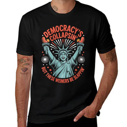 Womens Funny Democracys Collapsin But These Wieners Be Slappin  Ribbed Collar T-Shirt