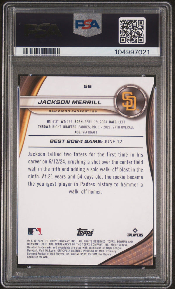 Graded 2024 Topps Bowmans Best Jackson Merrill #56 Rookie RC Baseball Card PSA 10 Gem Mint