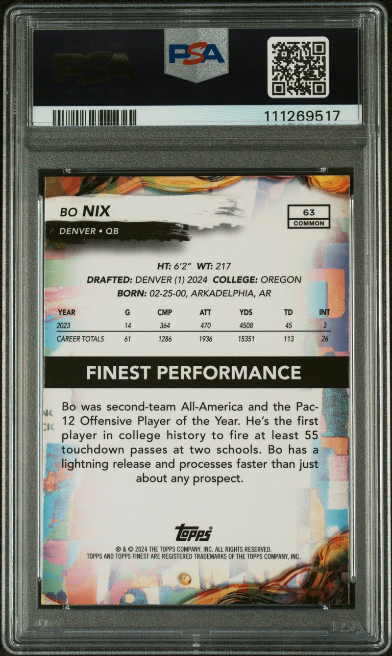 Graded 2024 Topps Finest Bo Nix #63 Rookie RC Football Card PSA 10 Gem Mint