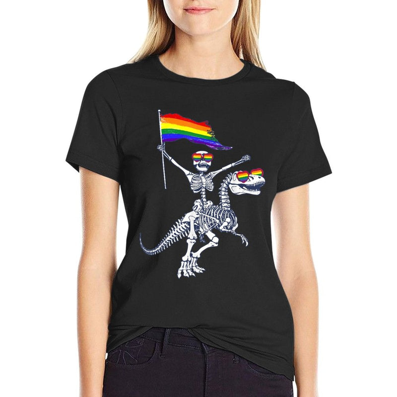 LGBT Skeleton Riding T-Rex Dinosaur Gay Pride Month  Oversized Silhouette T-Shirt