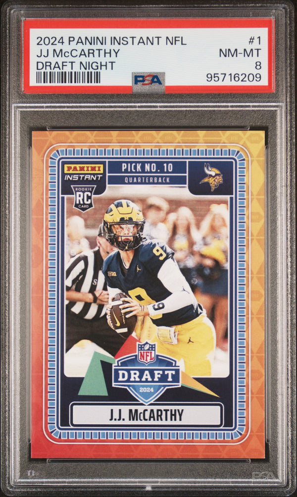 Graded 2024 Panini Instant NFL JJ McCarthy #1 Draft Night Rookie RC Football Card PSA 8 Near Mint
