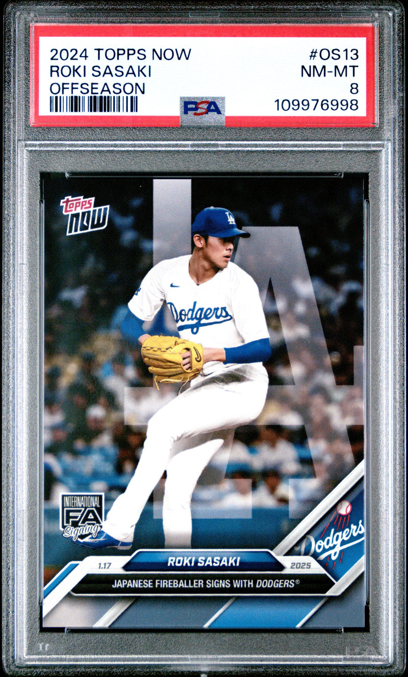 Graded 2024 Topps Now Roki Sasaki #OS13 Offseason Rookie RC Baseball Card PSA 8 Near Mint