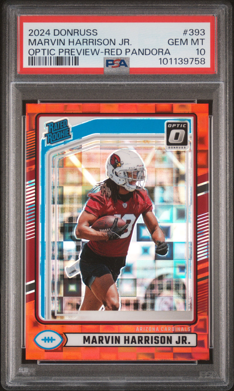 Graded 2024 Panini Donruss Marvin Harrison Jr #393 Optic Preview Red Pandora Rookie RC Football Card PSA 10 Gem Mint