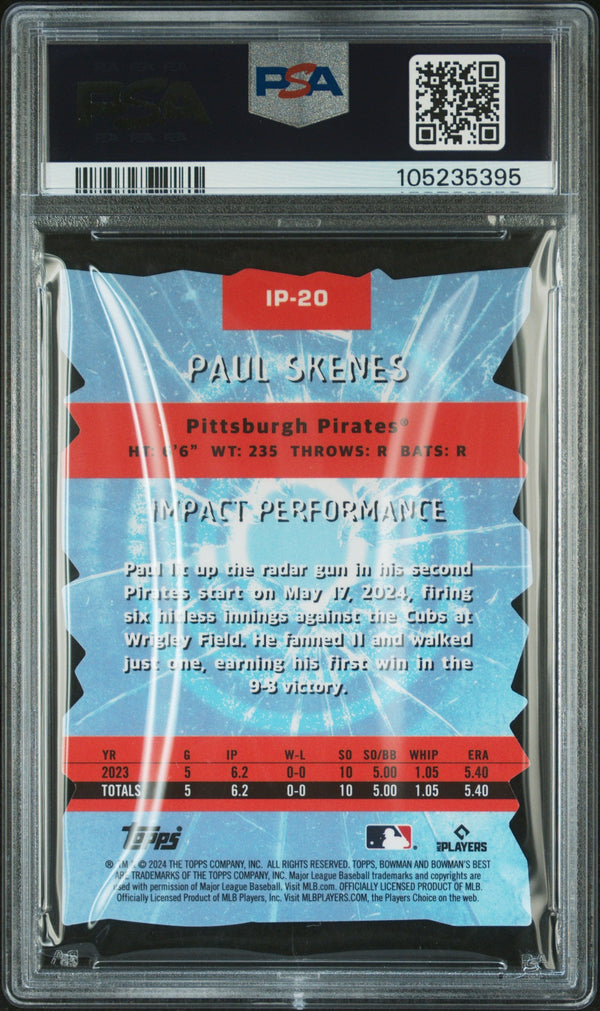 Graded 2024 Topps Bowmans Best Paul Skenes #IP20 Impact Players Rookie RC Baseball Card PSA 10 Gem Mint