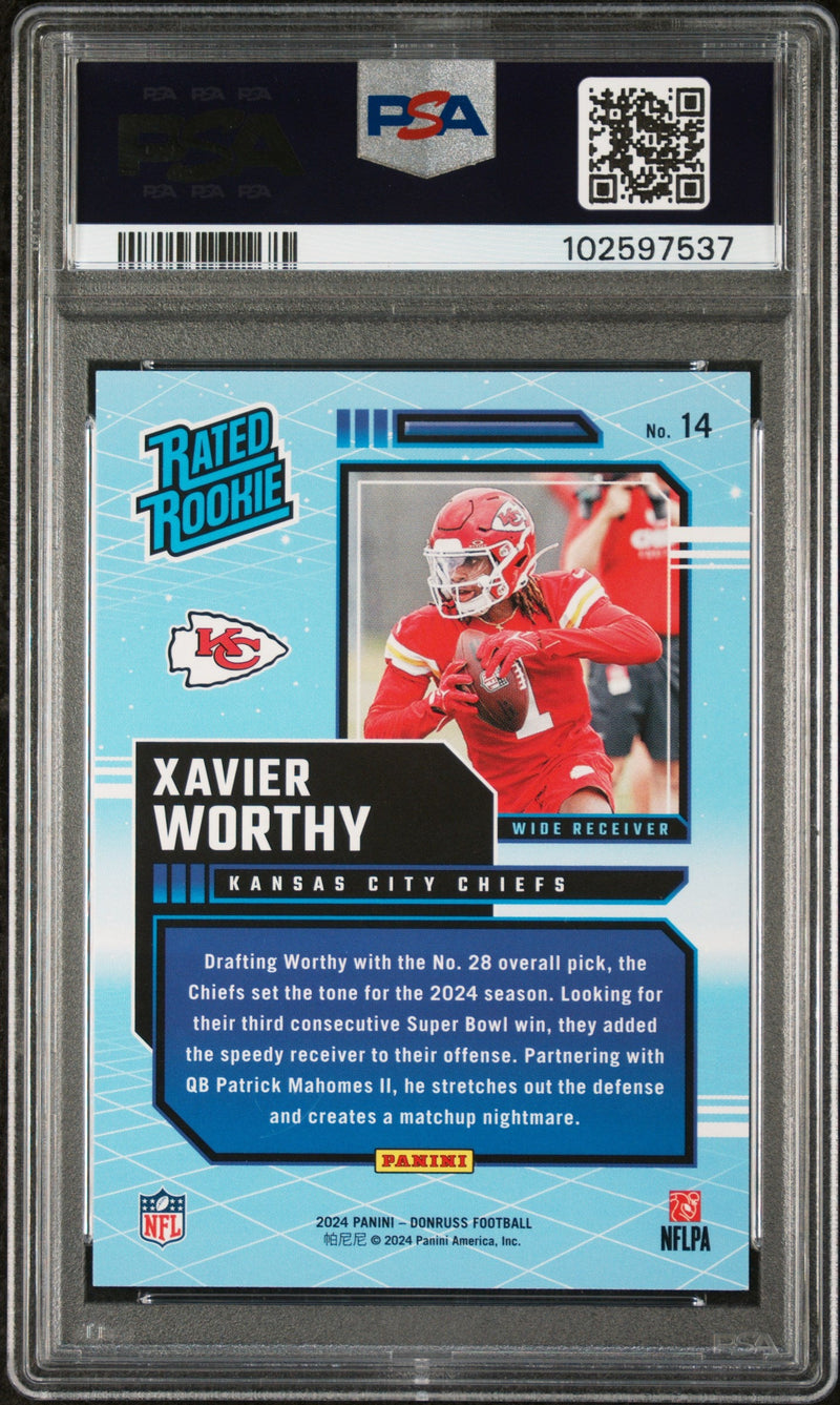 Graded 2024 Panini Donruss Xavier Worthy #14 Rated Rookies Retro Rookie RC Football Card PSA 9 Mint