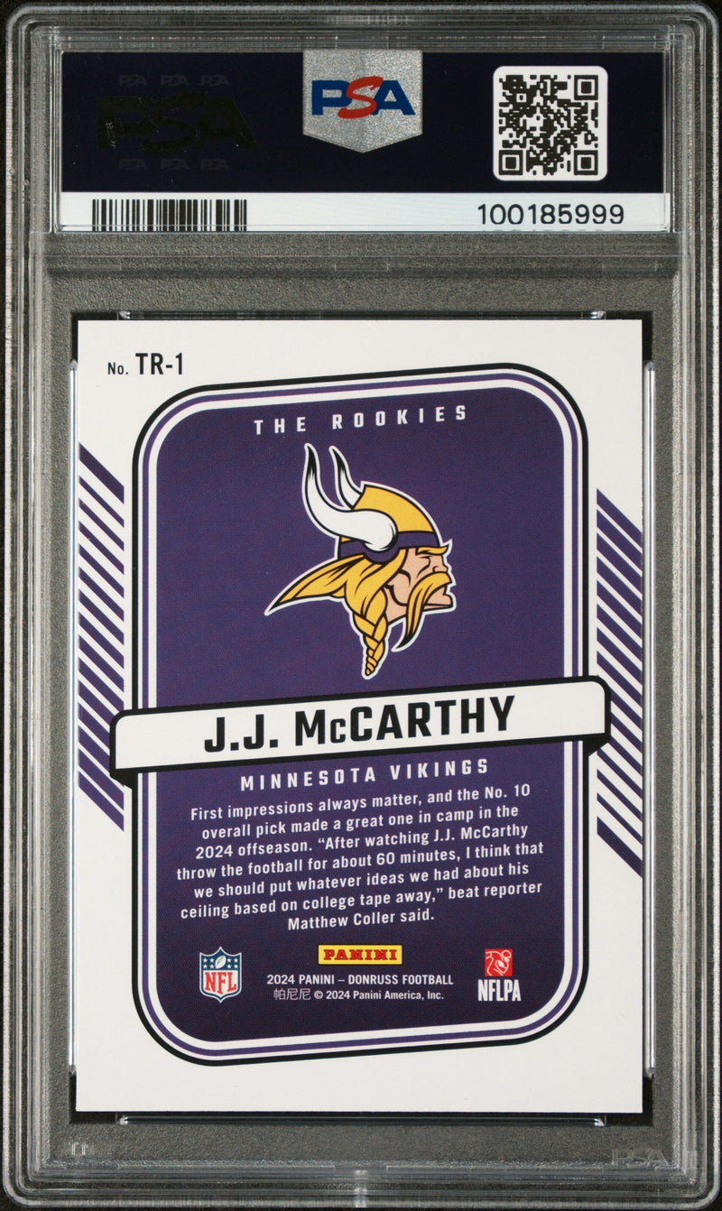 Graded 2024 Panini Donruss JJ McCarthy #TR1 The Rookies Rookie RC Football Card PSA 10 Gem Mint