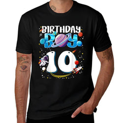 10th Birthday Boy Astronaut Space Planets Ten Years Old  Ribbed Collar T-Shirt
