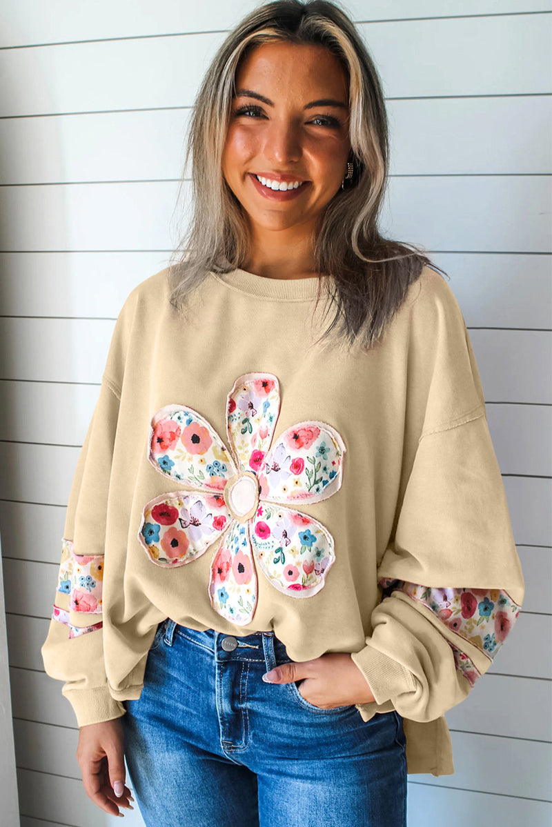 Pale Khaki Flower Applique Patchwork Drop Sleeve Pullover Sweatshirt
