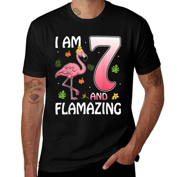 I Am 7 And Flamazing Flamingo Lover 7th Birthday Party Kids  High-quality Stitching T-Shirt
