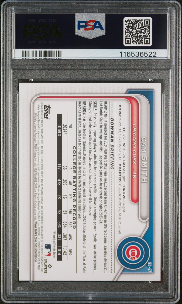 Graded 2024 Topps Bowman Draft Cam Smith #BD67 Rookie RC Baseball Card PSA 10 Gem Mint