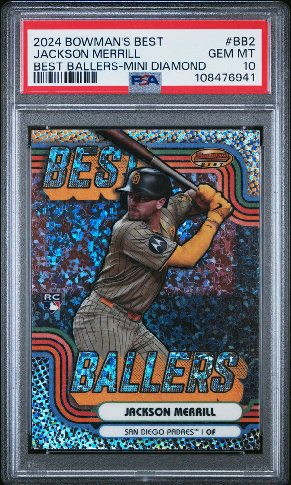 Graded 2024 Topps Bowmans Best Jackson Merrill #BB2 Best Ballers Mini Diamond Rookie RC Baseball Card PSA 10 Gem Mint