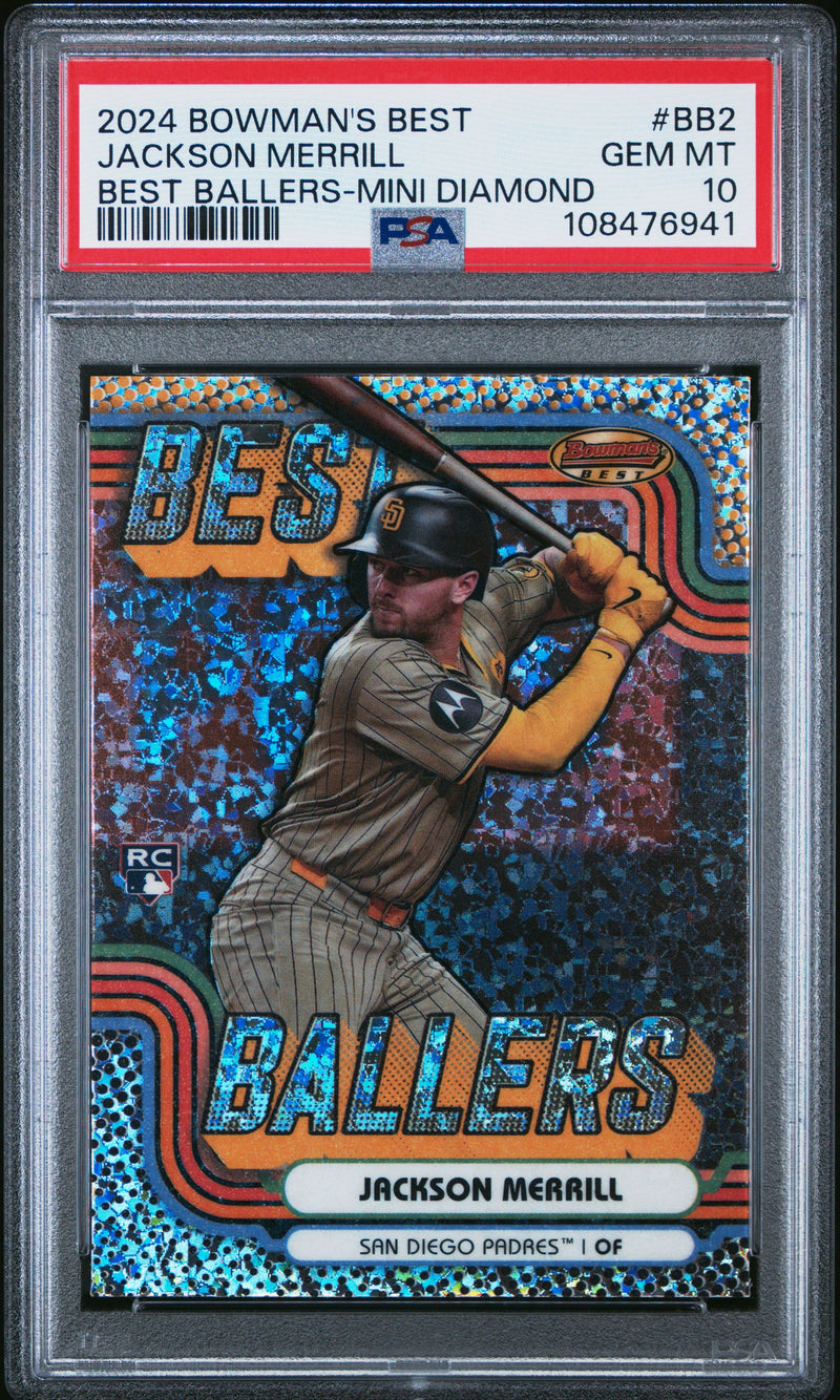 Graded 2024 Topps Bowmans Best Jackson Merrill #BB2 Best Ballers Mini Diamond Rookie RC Baseball Card PSA 10 Gem Mint