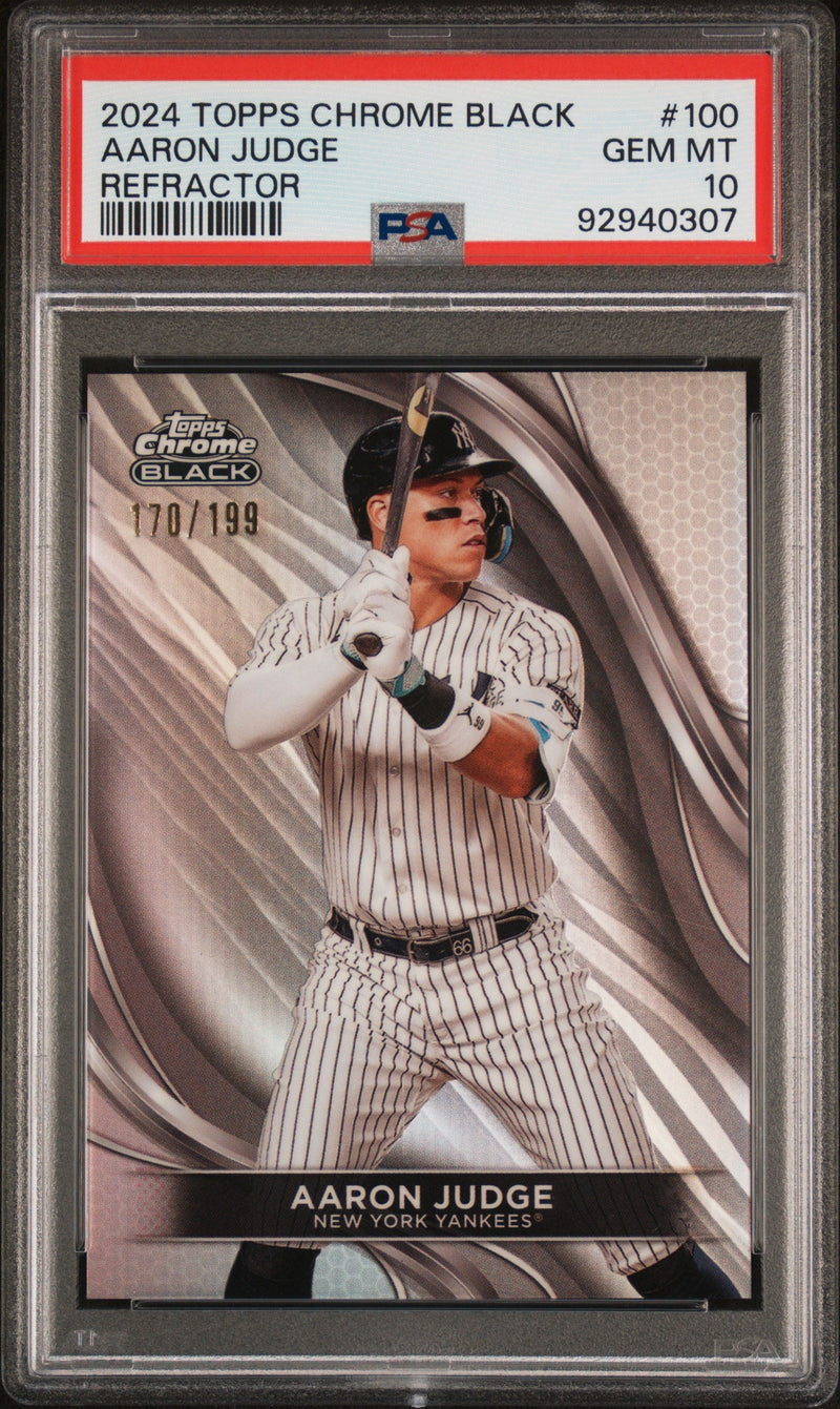Graded 2024 Topps Chrome Black Aaron Judge #100 Refractor #/199 Baseball Card PSA 10 Gem Mint