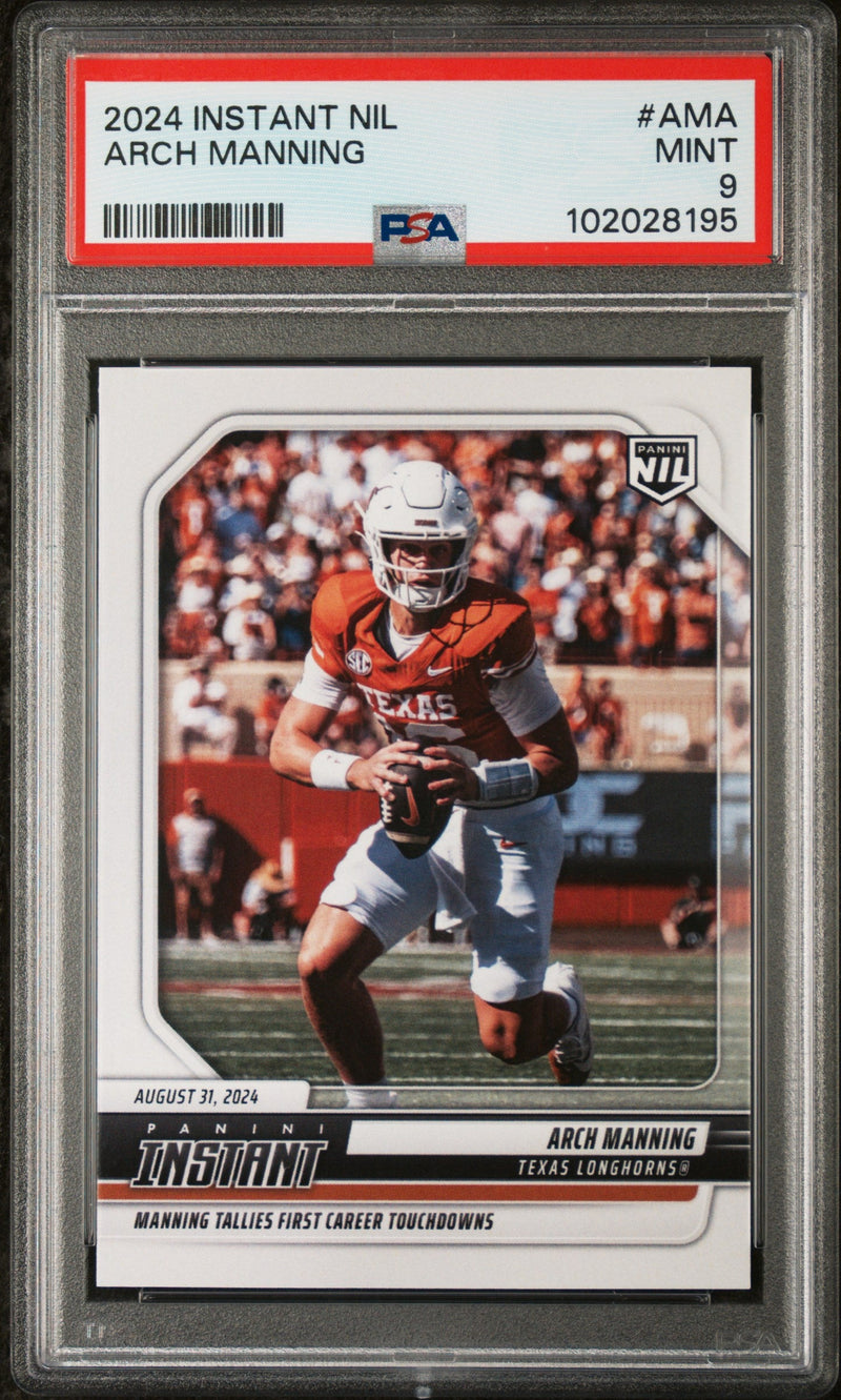 Graded 2024 Panini Instant NIL Arch Manning #AMA First Career Touchdown Pass Rookie RC Football Card PSA 9 Mint