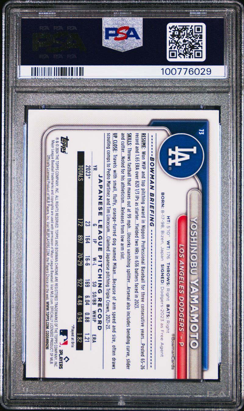 Graded 2024 Topps Bowman Chrome Mega Box Yoshinobu Yamamoto #73 Rookie RC Baseball Card PSA 10 Gem Mint