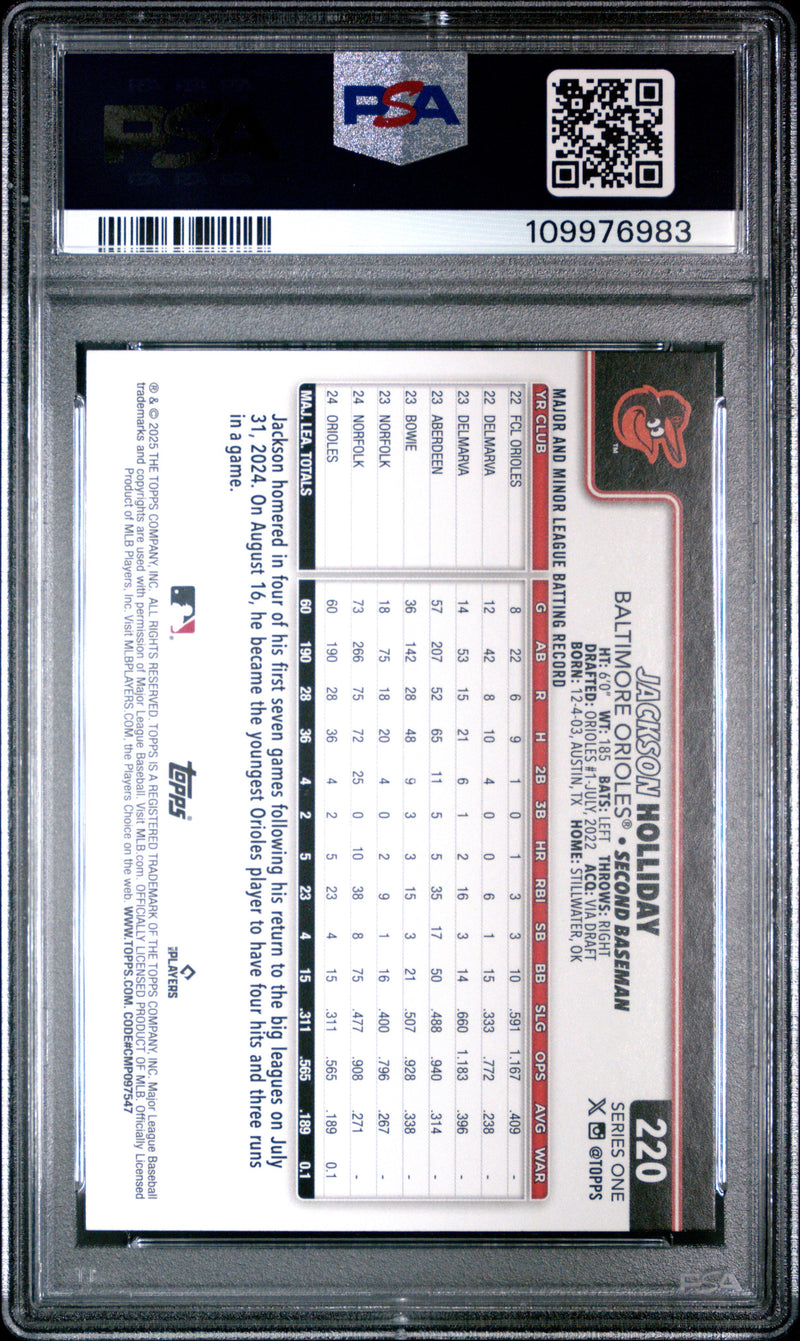 Graded 2025 Topps Jackson Holliday #220 Future Stars Baseball Card PSA 10 Gem Mint