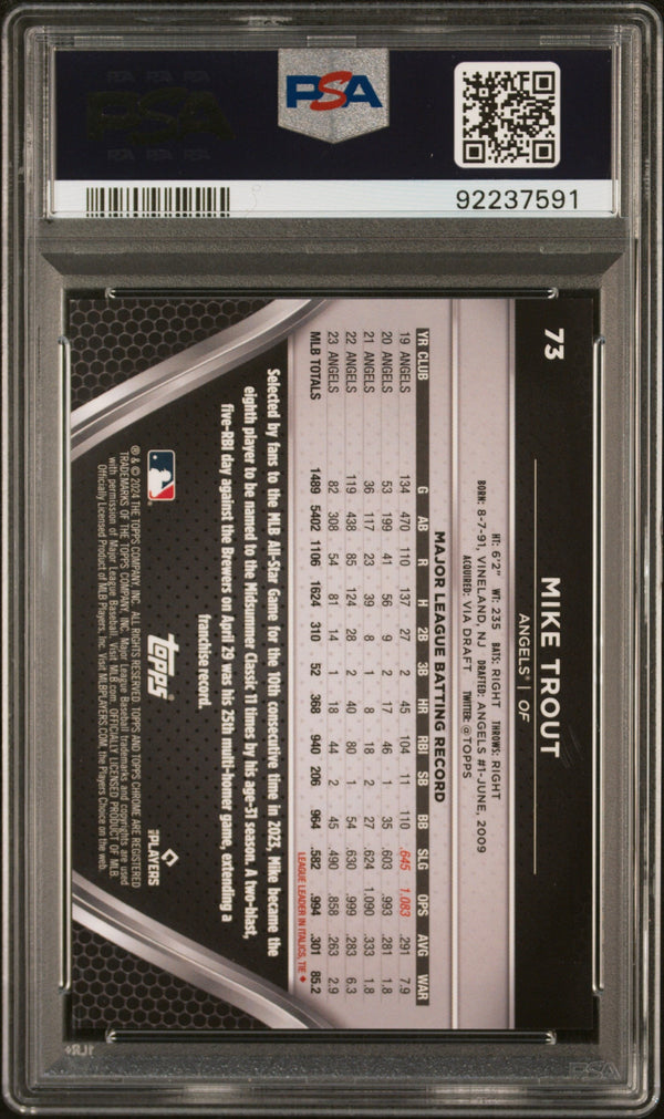 Graded 2024 Topps Chrome Black Mike Trout #73 Purple Mini Diamond #/150 Baseball Card PSA 10 Gem Mint