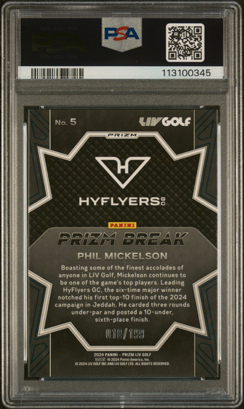 Graded 2024 Panini Prizm LIV Golf Phil Mickelson #5 Prizm Break Teal Prizm /199 Rookie RC Card PSA 10 Gem Mint