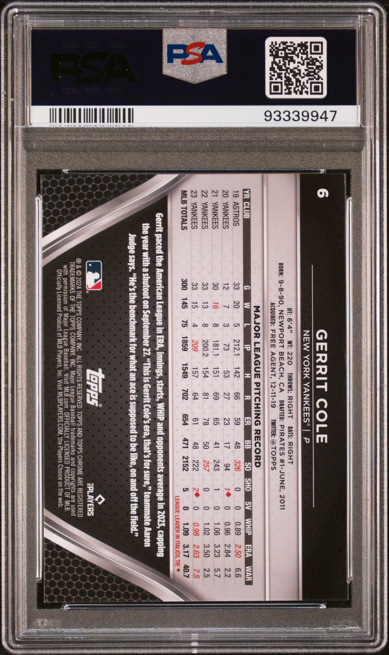 Graded 2024 Topps Chrome Black Gerrit Cole #6 Baseball Card PSA 10 Gem Mint