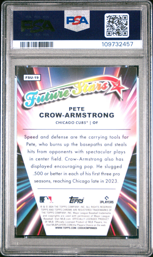 Graded 2024 Topps Chrome Update Pete Crow Armstrong #FSU19 Future Stars Rookie RC Baseball Card PSA 10 Gem Mint