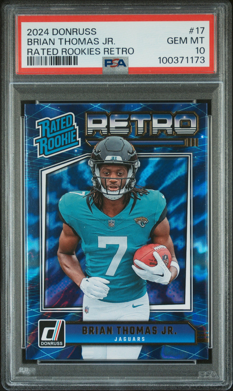 Graded 2024 Panini Donruss Brian Thomas Jr #17 Rated Rookies Retro Rookie RC Football Card PSA 10 Gem Mint