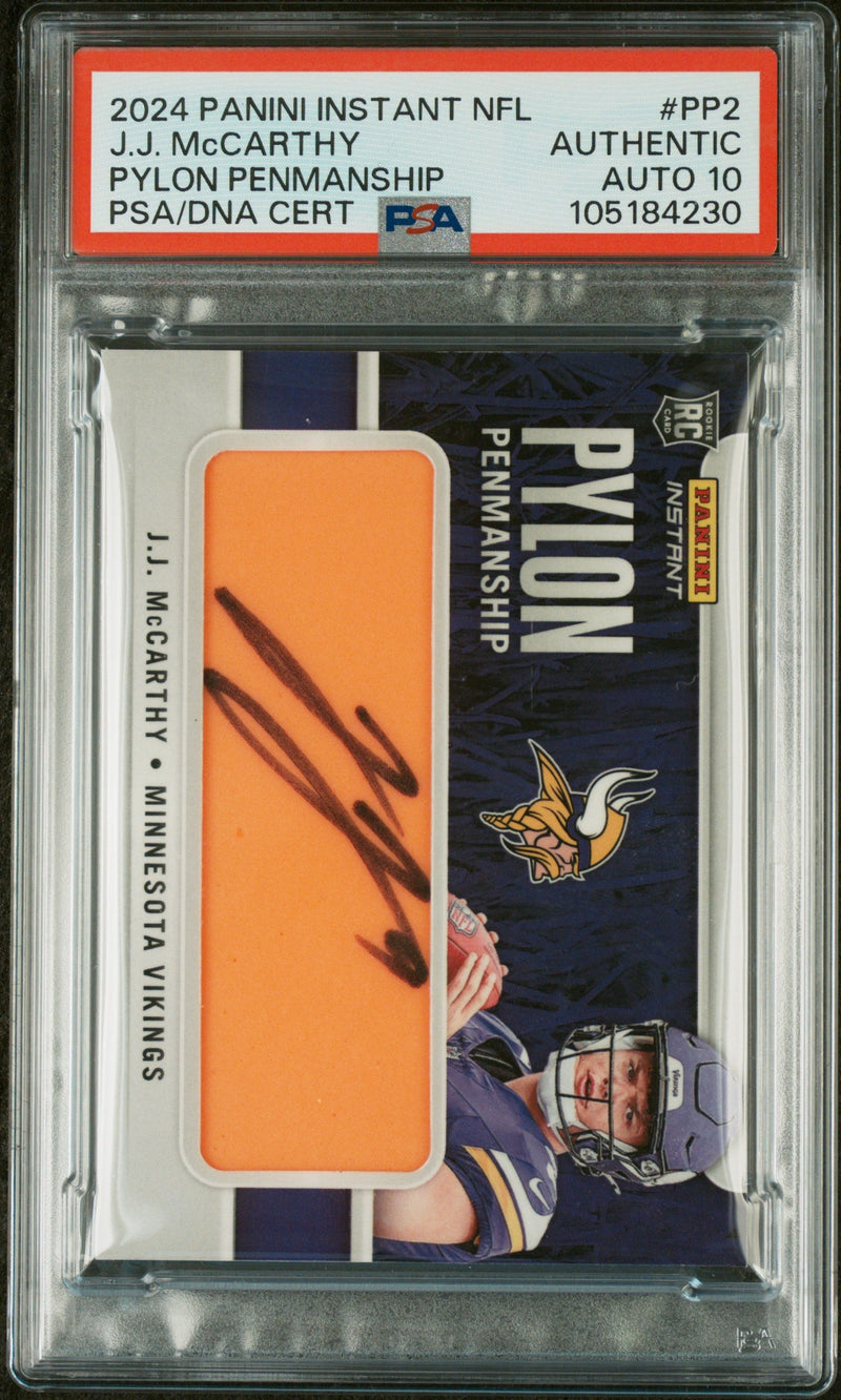 Graded 2024 Panini Instant NFL JJ McCarthy #PP2 Pylon Penmanship Rookie RC Football Card PSA 10 Auto Grade Gem Mint