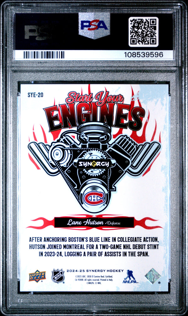 Graded 2024 Upper Deck Synergy Lane Hutson #SYE20 Start Your Engines Rookie RC Hockey Card PSA 10 Gem Mint