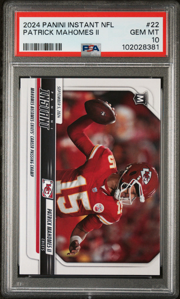 Graded 2024 Panini Instant NFL Patrick Mahomes II #22 Chiefs Career Passing Record Football Card PSA 10 Gem Mint