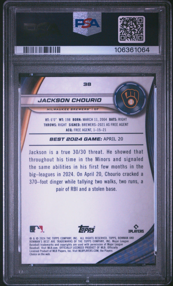 Graded 2024 Topps Bowmans Best Jackson Chourio #38 Rookie RC Baseball Card PSA 10 Gem Mint