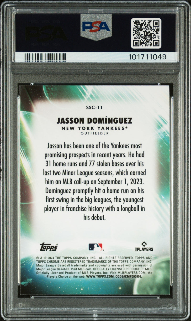 Graded 2024 Topps Chrome Update Jasson Dominguez #11 Stratospheric Stars Rookie RC Baseball Card PSA 10 Gem Mint