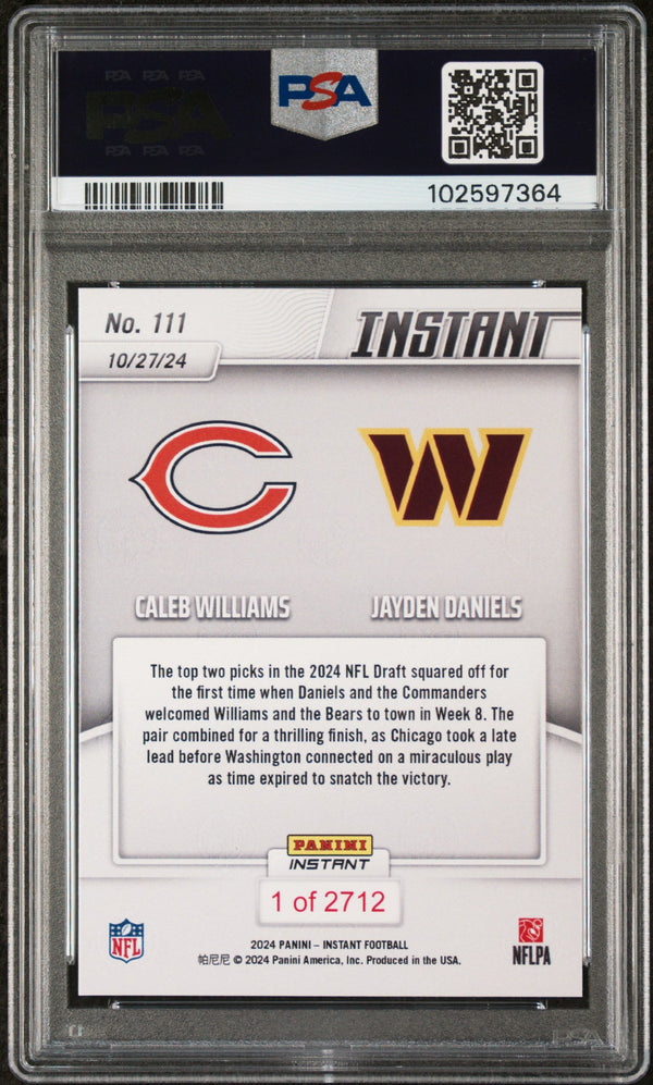 Graded 2024 Panini Instant NFL Jayden Daniels/Caleb Williams #111 Rookie RC Football Card PSA 10 Gem Mint