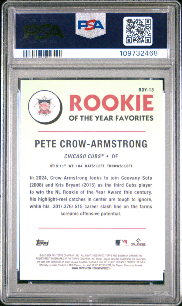 Graded 2024 Topps Bowman Pete Crow Armstrong #ROY13 Rookie of the Year Favorite Rookie RC Baseball Card PSA 10 Gem Mint