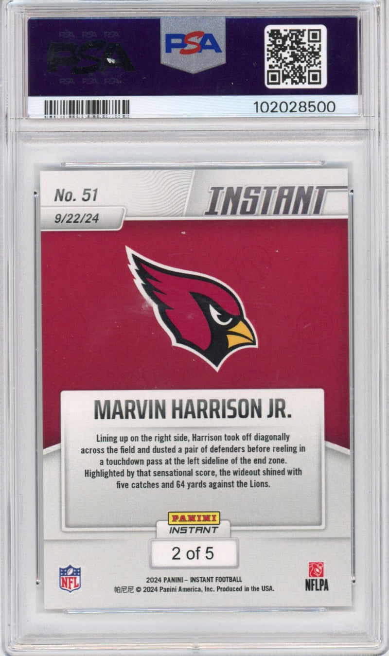 Graded 2024 Panini Instant NFL Marvin Harrison Jr #51 White Tiger #/5 Rookie RC Football Card PSA 9 Mint