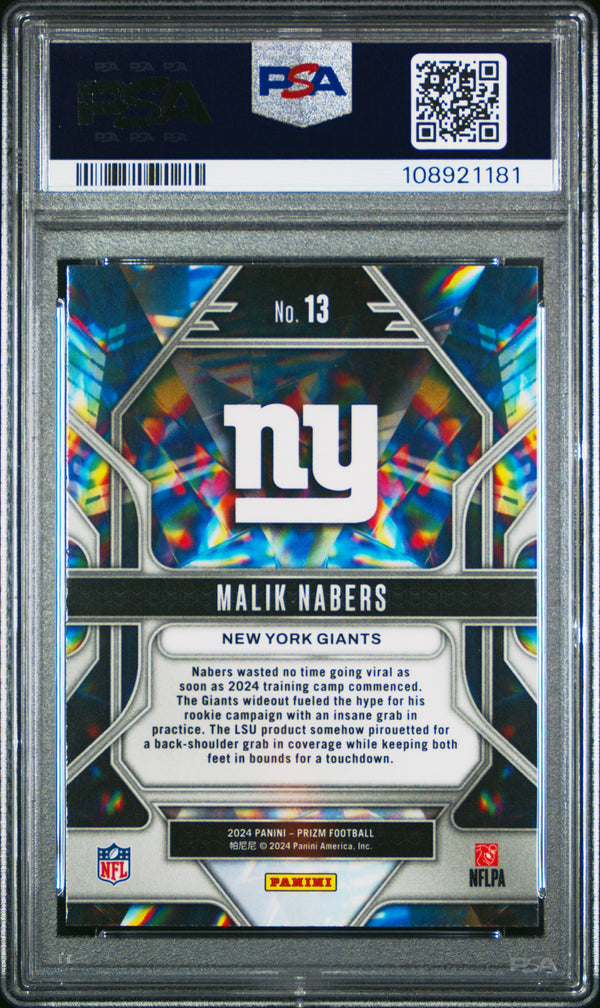 Graded 2024 Panini Prizm Malik Nabers #13 Prizmatic Rookie RC Football Card PSA 10 Gem Mint