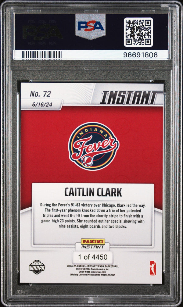 Graded 2024 Panini Instant WNBA Caitlin Clark #72 Rookie RC Basketball Card PSA 9 Mint
