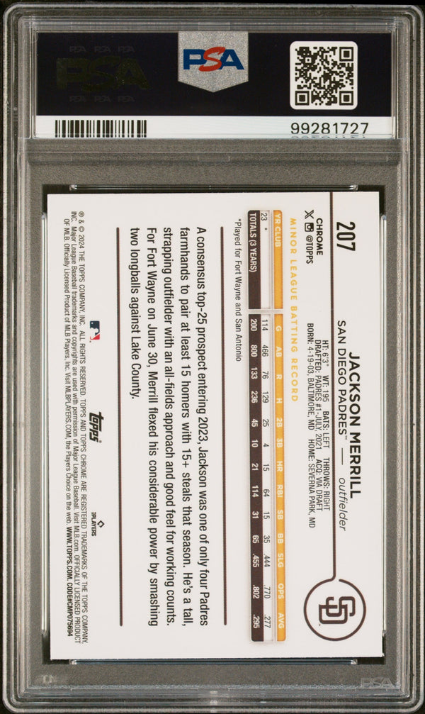 Graded 2024 Topps Chrome Jackson Merrill #207 Rookie RC Baseball Card PSA 9 Mint