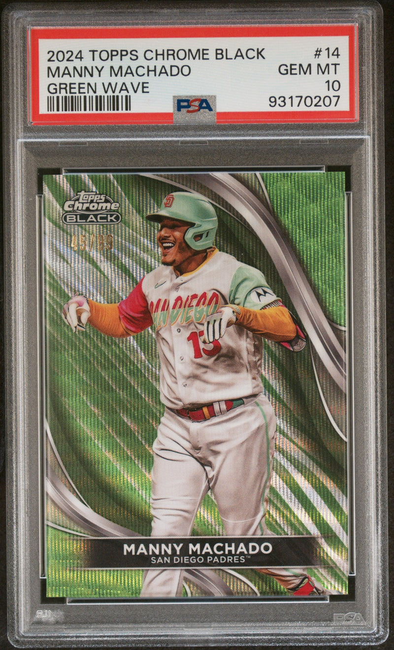 Graded 2024 Topps Chrome Black Manny Machado #14 Green Wave #/99 Baseball Card PSA 10 Gem Mint