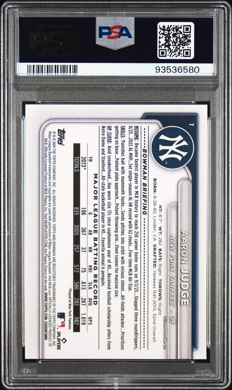 Graded 2024 Topps Bowman Aaron Judge #7 Baseball Card PSA 10 Gem Mint
