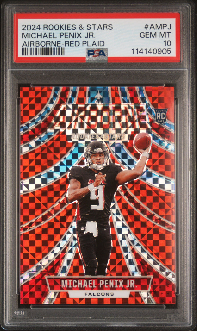 Graded 2024 Panini Rookies & Stars Michael Penix Jr #AMPJ Airborne Red Plaid Rookie RC Football Card PSA 10 Gem Mint