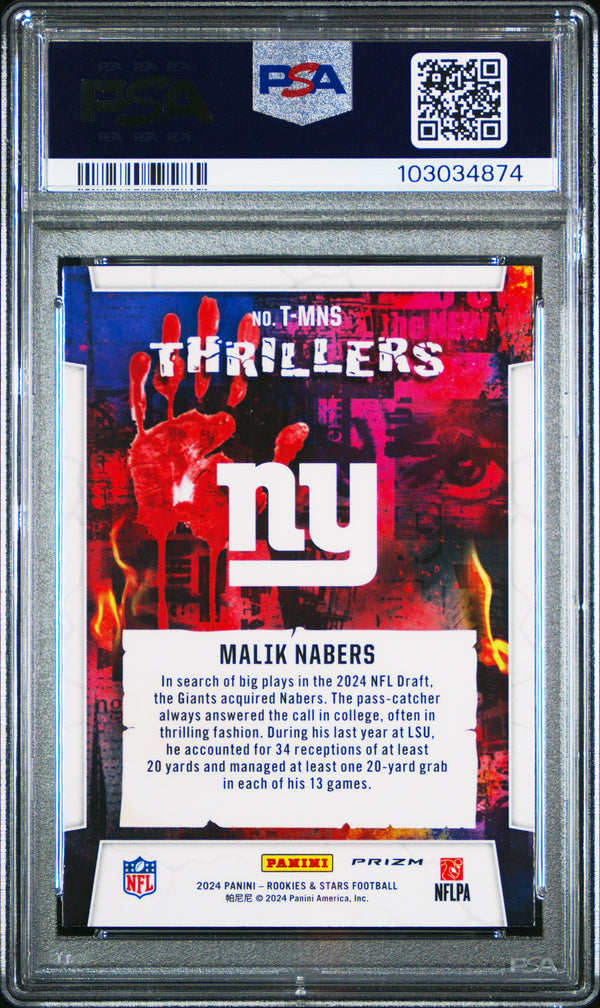 Graded 2024 Panini Rookies & Stars Malik Nabers #TMNS Thrillers Rookie RC Football Card PSA 10 Gem Mint
