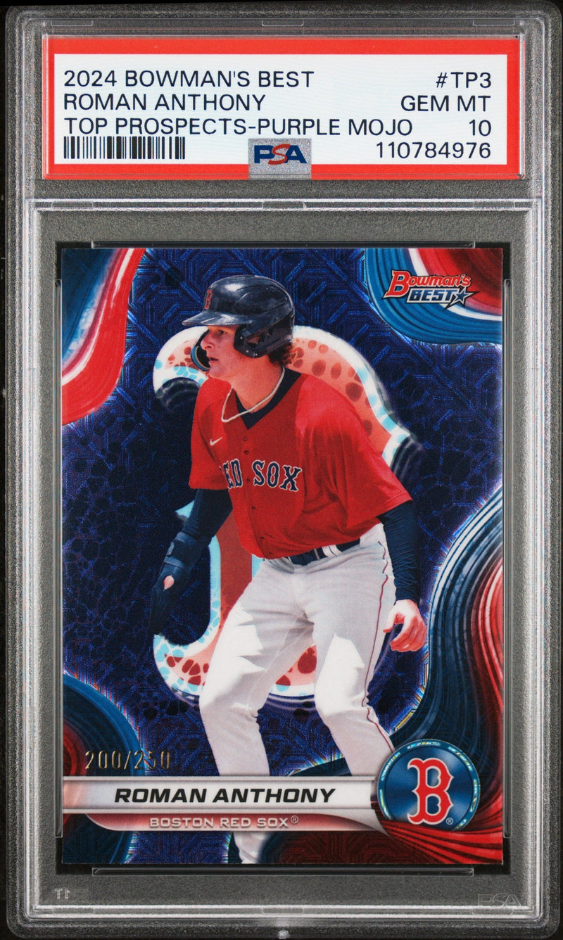 Graded 2024 Topps Bowmans Best Roman Anthony #TP3 Top Prospects Purple Mojo /250 Rookie RC Baseball Card PSA 10 Gem Mint